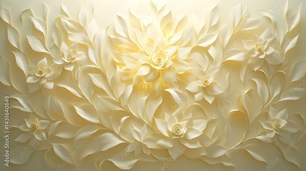 Intricate paper flowers and leaves create a 3D floral design Elegant soft and textured Intricate paper flowers and leaves create a 3D floral design Elegant soft and textured