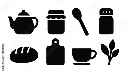 Kitchen and cooking silhouette icons set – solid style for culinary, baking, and tea time designs: teapot, jam jar, spoon, spice jar, bread, cutting board, cup, leaf.