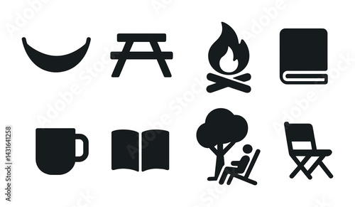 Camping and leisure silhouette icon set – solid style outdoor, relaxation, and nature symbols for recreation: hammock, picnic table, campfire, book, mug, tree, chair.