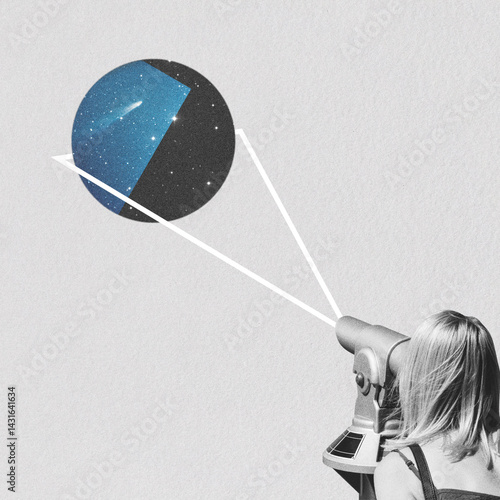 Abstract collage illustration of woman watching and observing stars with telescope. Grunge and noise effect applied, retro vintage style. Elements of this image furnished by NASA