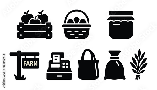 Sustainable agriculture solid icons set - eco-friendly farming, organic produce, and local market symbols: crate of apples, basket of eggs, jar, farm sign, cash register, tote bag, sack, plant.