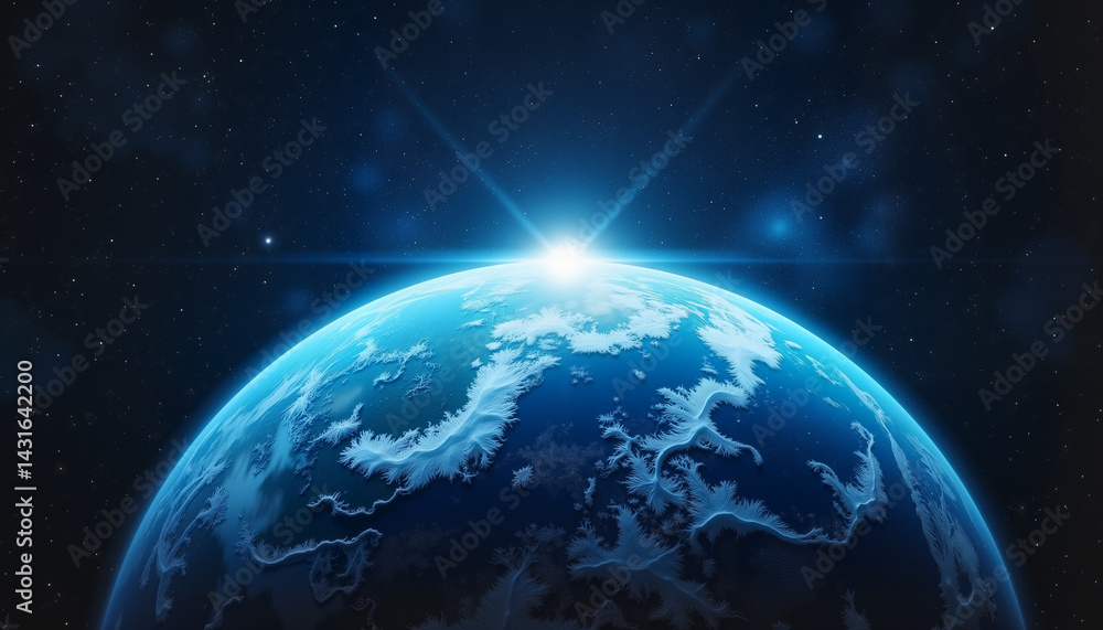 Fototapeta premium Icy blue planet illuminated by a nearby star, cosmic serenity