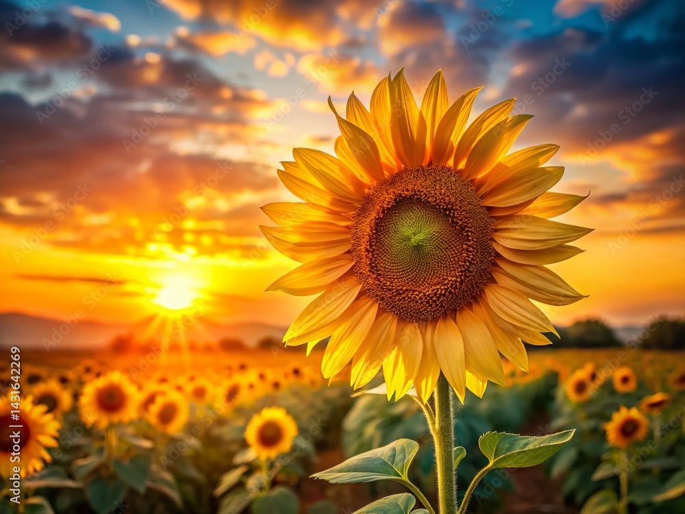 Fototapeta premium Golden Sunflower Sunset Copy Space: Vibrant Nature Stock Photo