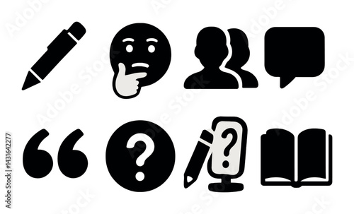 Writing and communication solid icons set – flat style messaging, discussion, and inquiry symbols for effective interaction: pen, thinking face, people, speech bubble, quotes, question mark, book.