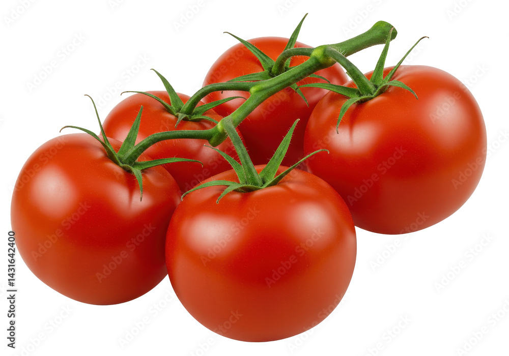 Vineripened cluster of five glossy red tomatoes verdant stems Vineripened cluster of five glossy red tomatoes verdant stems
