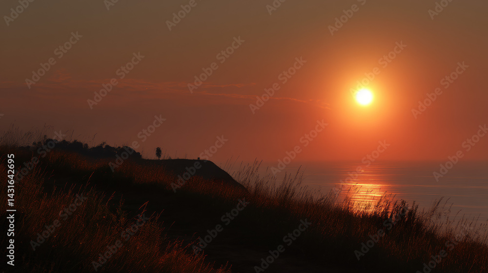 The setting sun paints the sky with warm hues as it dips below the horizon, casting an orange glow over the ocean and highlighting the coastal hillside landscape. The setting sun paints the sky with warm hues as it dips below the horizon, casting an orange glow over the ocean and highlighting the coastal hillside landscape.
