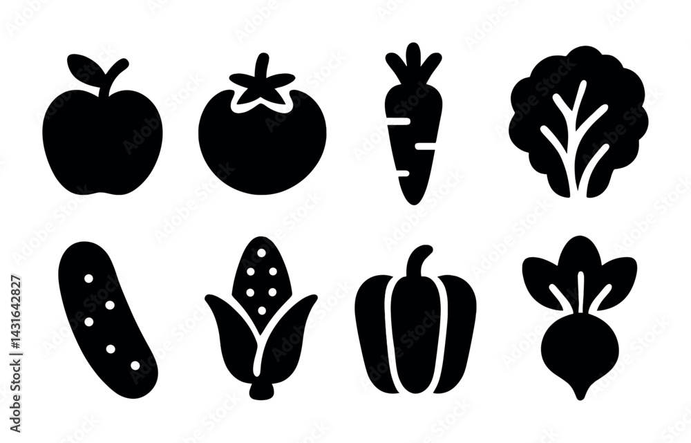 Fresh vegetable icons set – solid style produce, healthy eating, and farm symbols for nutrition projects: apple, tomato, carrot, broccoli, cucumber, corn, pepper, radish.