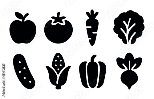 Obraz na płótnie Fresh vegetable icons set – solid style produce, healthy eating, and farm symbols for nutrition projects: apple, tomato, carrot, broccoli, cucumber, corn, pepper, radish. w salonie