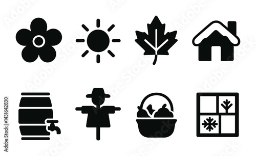 Autumn harvest silhouette icons set – solid style seasonal, nature, and farming symbols for fall decor: flower, sun, leaf, house, barrel, scarecrow, basket, window.