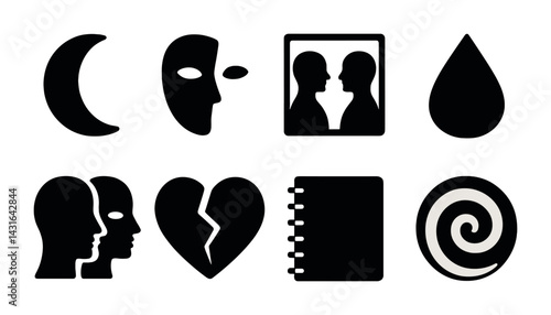 Psychology and mental health silhouette icons set – solid style for therapy, wellness, and mindfulness design: moon, mask, reflection, teardrop, dual faces, broken heart, journal, spiral