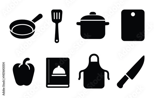 Culinary kitchen tools icon set – solid style cookware, cooking essentials, and food prep symbols for chefs: frying pan, spatula, pot, cutting board, pepper, cookbook, apron, knife.