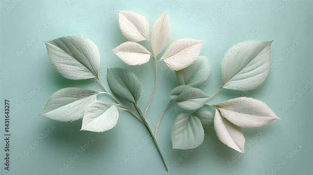 Obraz premium Delicate paper leaves in calming pastel shades arranged artistically on a soft green backdrop