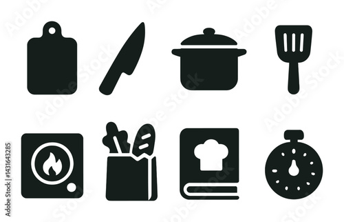 Culinary kitchen tools silhouette icons – solid style cooking, restaurant, and chef design elements for food preparation: cutting board, knife, pot, spatula, stove, groceries, cookbook, timer.
