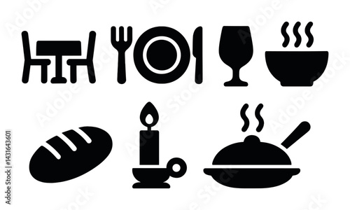 Dining and restaurant solid icons set – silhouette style for culinary, kitchen, and hospitality designs: table, plate, glass, soup, bread, candle, covered dish