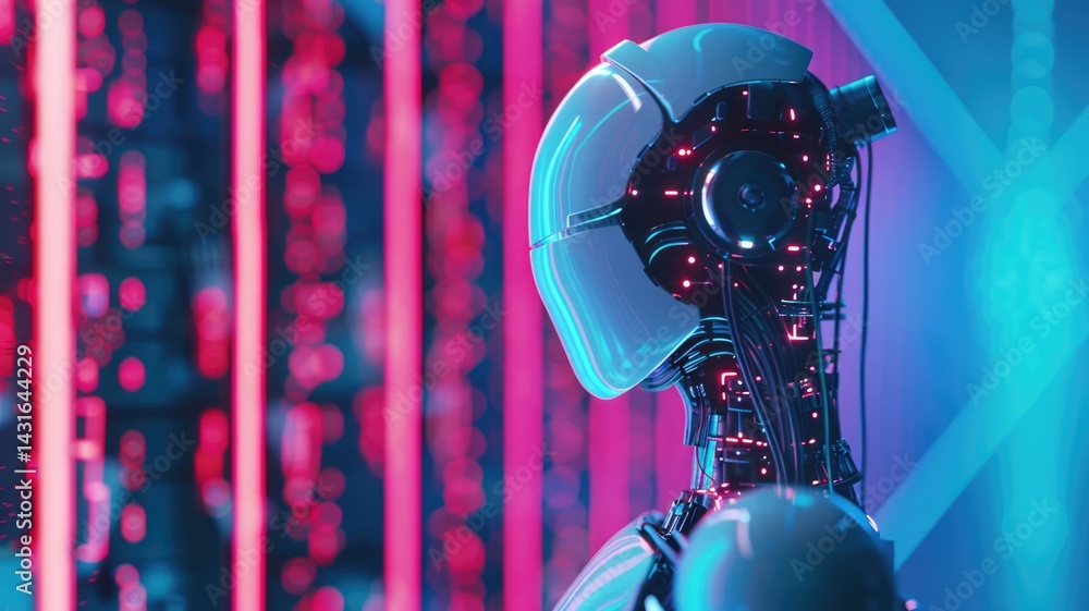 Obraz premium Abstract of artificial intelligence concept. Intelligent robot with neon light effect. Assistance waiting prompt to generate digital data or working convey sense of fantasy and futuristic. AIG53.