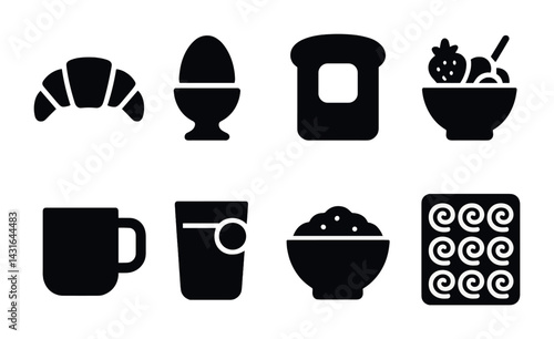 Breakfast food silhouette icon set – solid style morning meal, kitchen, and nutrition symbols for culinary design: croissant, egg, toast, cereal bowl, coffee mug, juice, rice, pastry roll.