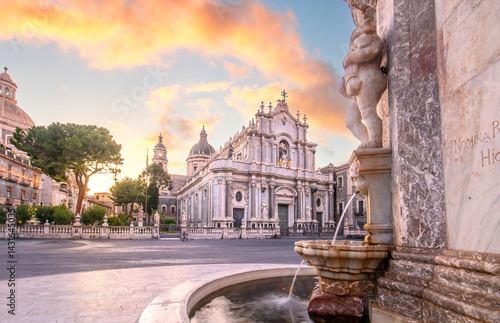 Piazza Duomo in Catania, Sicily, Italy with the Cathedral of Santa Agatha and Liotru and Fontana dell Elefante at sunrise