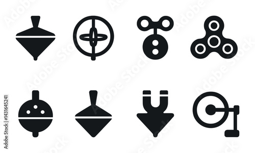 Retro toys silhouette icons set – solid style classic playthings and vintage gadgets symbols for nostalgic design: spinning top, gyroscope, wind-up toy, fidget spinner, compass