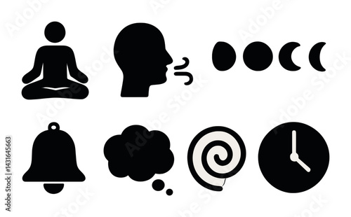 Mindfulness and meditation solid icons set – silhouette style wellness, relaxation, and mental health symbols: yoga, breathing, moon phases, bell, thought, spiral, clock.