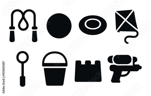 Outdoor recreation solid icons set – filled style activities for fun, sports, play: jump rope, frisbee, kite, bubble wand, sand bucket, sandcastle, water gun