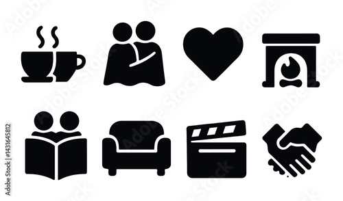 Cozy lifestyle silhouette icons set – solid style home, leisure, and comfort symbols for personal and family projects: coffee cup, embrace, heart, fireplace, reading, sofa, clapperboard, handshake.