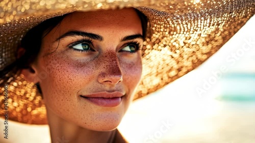 A smiling woman with a sun hat enjoying a sunny day at the beach.