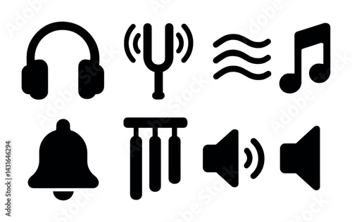 Music and sound solid icons set – filled style audio, melody, and sound wave symbols for composers: headphones, tuner, music note, bell, chimes, speaker, soundwave.
