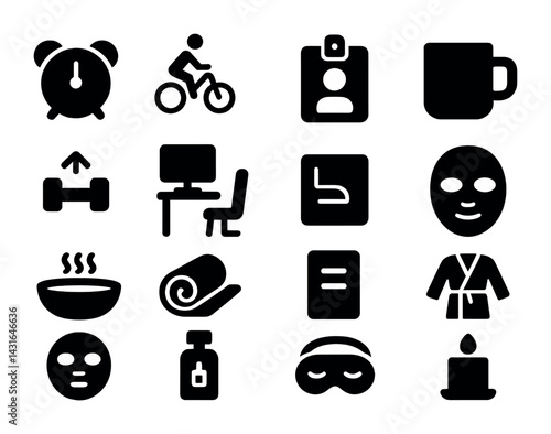 Health and wellness solid icons set – flat style fitness, self-care, and relaxation symbols for lifestyle improvement: alarm clock, bicycle, yoga mat, face mask, candle, exercise equipment.