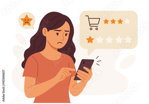 Woman giving feedback to online shopping vector illustration. Disappointed woman with online shopping 