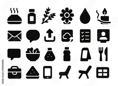 Lifestyle solid icons set – flat style daily life, wellness, and communication symbols: herb, flower, candle, message, checklist, person, food, chair