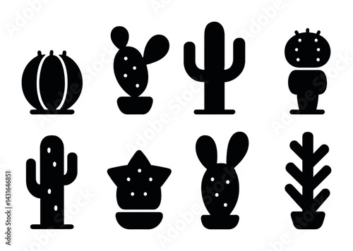 Succulents and cacti silhouette icon set – solid style nature, desert plants, and gardening symbols for botanical projects: cactus, aloe, agave, echeveria, succulent, haworthia, opuntia, saguaro.