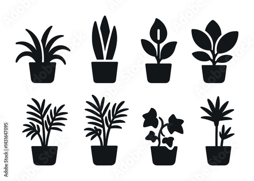 Indoor plant silhouette icon set – solid style botanical, greenery, and home decor elements: fern, cactus, monstera, palm, orchid, peace lily, bamboo.