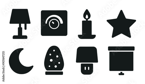 Home decor solid icons set – flat style interior design, lighting, and ambiance symbols for home styling: lamp, dimmer switch, candle, star, moon, lamp shade, projector.
