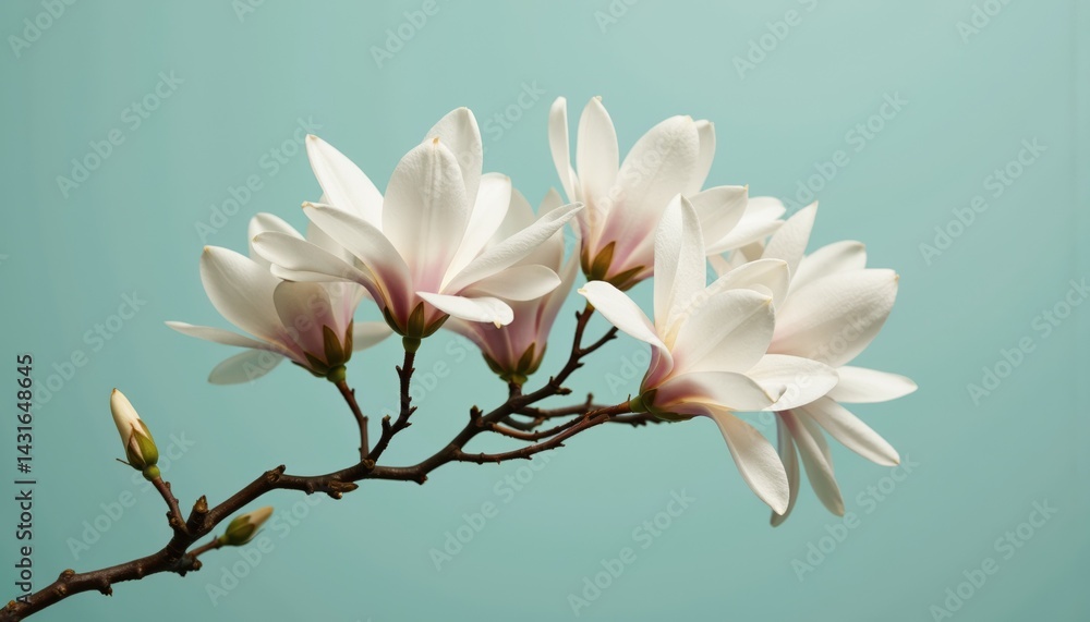 Elegant magnolia flowers blooming against a soft teal background Elegant magnolia flowers blooming against a soft teal background