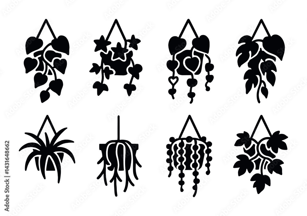 Houseplant silhouette icons set – outline style indoor gardening, decor, and nature symbols: ivy, monstera, heartleaf, fern, succulent, vine, potted plant.