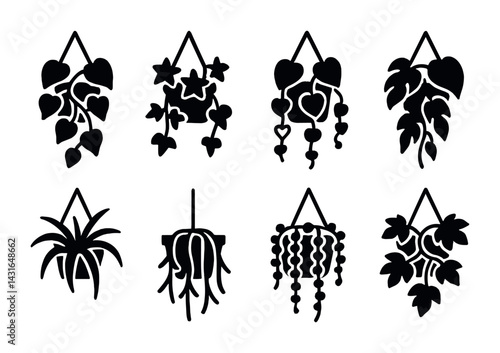 Obraz na płótnie Houseplant silhouette icons set – outline style indoor gardening, decor, and nature symbols: ivy, monstera, heartleaf, fern, succulent, vine, potted plant. w salonie