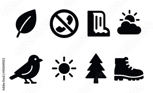 Nature and environment solid icons set – silhouette style eco, outdoor, and conservation symbols for green initiatives: leaf, recycle sign, waterfall, sun, bird, boot, tree.