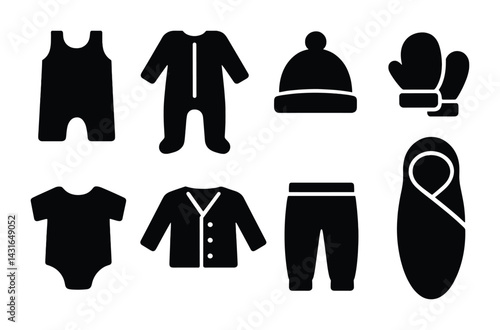 Baby clothing silhouette icons set – solid style newborn, infant, and wardrobe symbols: romper, pajamas, beanie, mittens, onesie, cardigan, pants, swaddle.