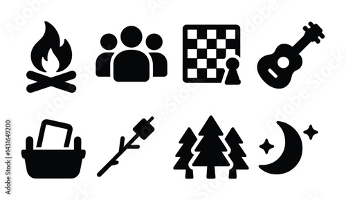 Camping and outdoor activities solid icons set – solid style recreation, wilderness, and adventure symbols for nature lovers: campfire, group, board game, guitar, picnic basket, marshmallow stick,