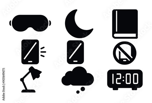 Sleep and relaxation solid icons set – silhouette style nighttime, rest, and sleep aid symbols: sleep mask, moon, book, smartphone, lamp, cloud, alarm clock.