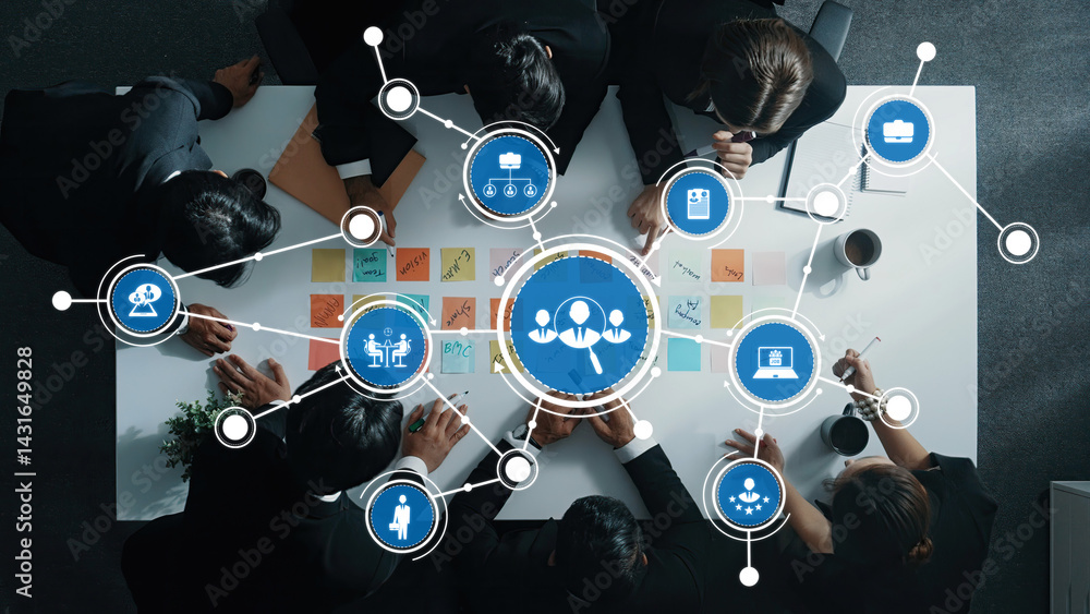 Top down aerial view of manager discuss and choose marketing idea from sticky notes. Group of business team talking and brainstorming strategy while making decision and choose plan. Directorate. Amity