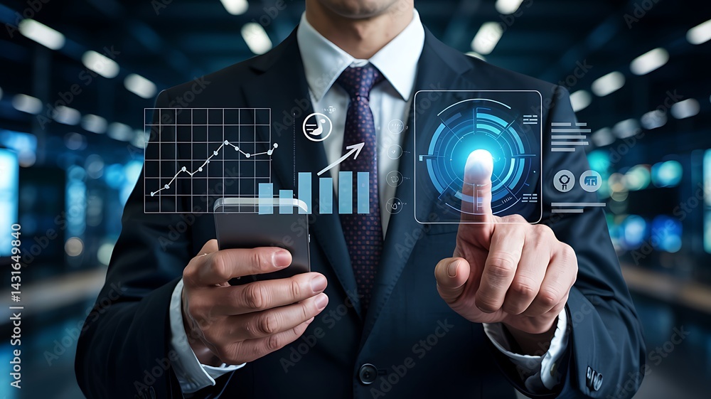 Obraz premium Businessman using futuristic tech analyzing growth charts and data on a smartphone with a sleek