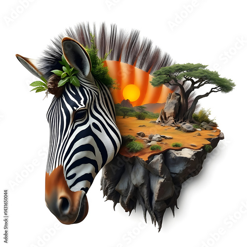 Collage, double exposure, featuring zebra head and hot African landscape.
