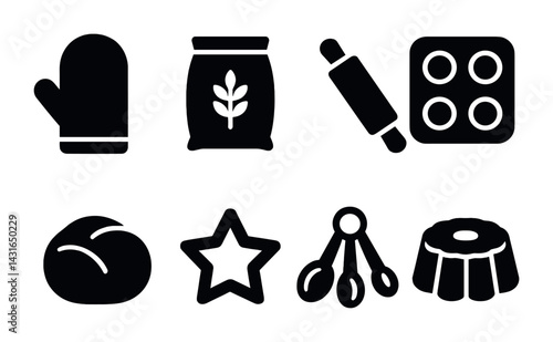 Home baking solid icon set – filled style baking, cooking, and kitchen symbols for culinary design: oven mitt, flour bag, rolling pin, oven, bread, cookie cutter, measuring spoons, bundt cake.