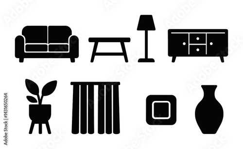 Home decor silhouette icons set – solid style furniture, interior design, and household essentials: sofa, table, lamp, cabinet, plant, curtain, vase, wall art.