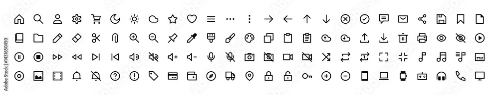 Set of 100 user interface icons in outline style