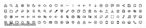 Set of 100 user interface icons in outline style