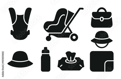 Baby accessories solid icons set – silhouette style newborn essentials and parenting symbols for nursery: baby carrier, stroller, diaper bag, hat, bottle, wipes, blanket