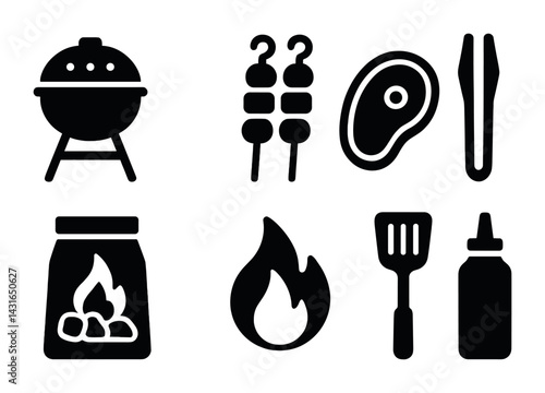 Barbecue solid icons set – flat style grilling, outdoor cooking, and picnic symbols for summer: grill, skewers, steak, tongs, charcoal bag, flame, spatula, sauce bottle.