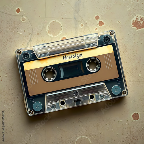 An old tape recorder cassette with the word Nostalgia written on it lies on a worn metal surface.